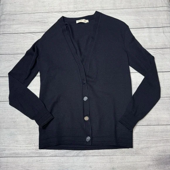 Tory Burch Simone Cardigan Wool Navy XS Logo Button Preppy V-Neck - Picture 1 of 5